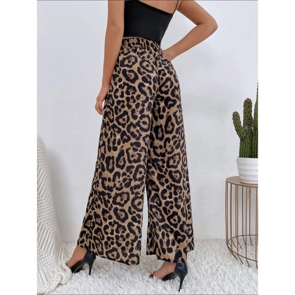 wide leg high rise elastic waist band leopard print pants boho - Picture 2 of 2